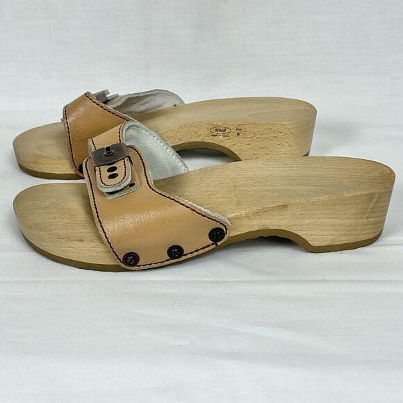Dr Scholls Original Collection Clog Sandal Sz 6 Tan Leather Wooden Heel Shoe - Picture 3 of 10